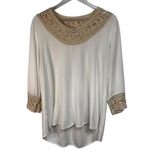 Rita Bordados a Mano | XL | Cream Tunic Top with Handmade Embroidered Lace Trim